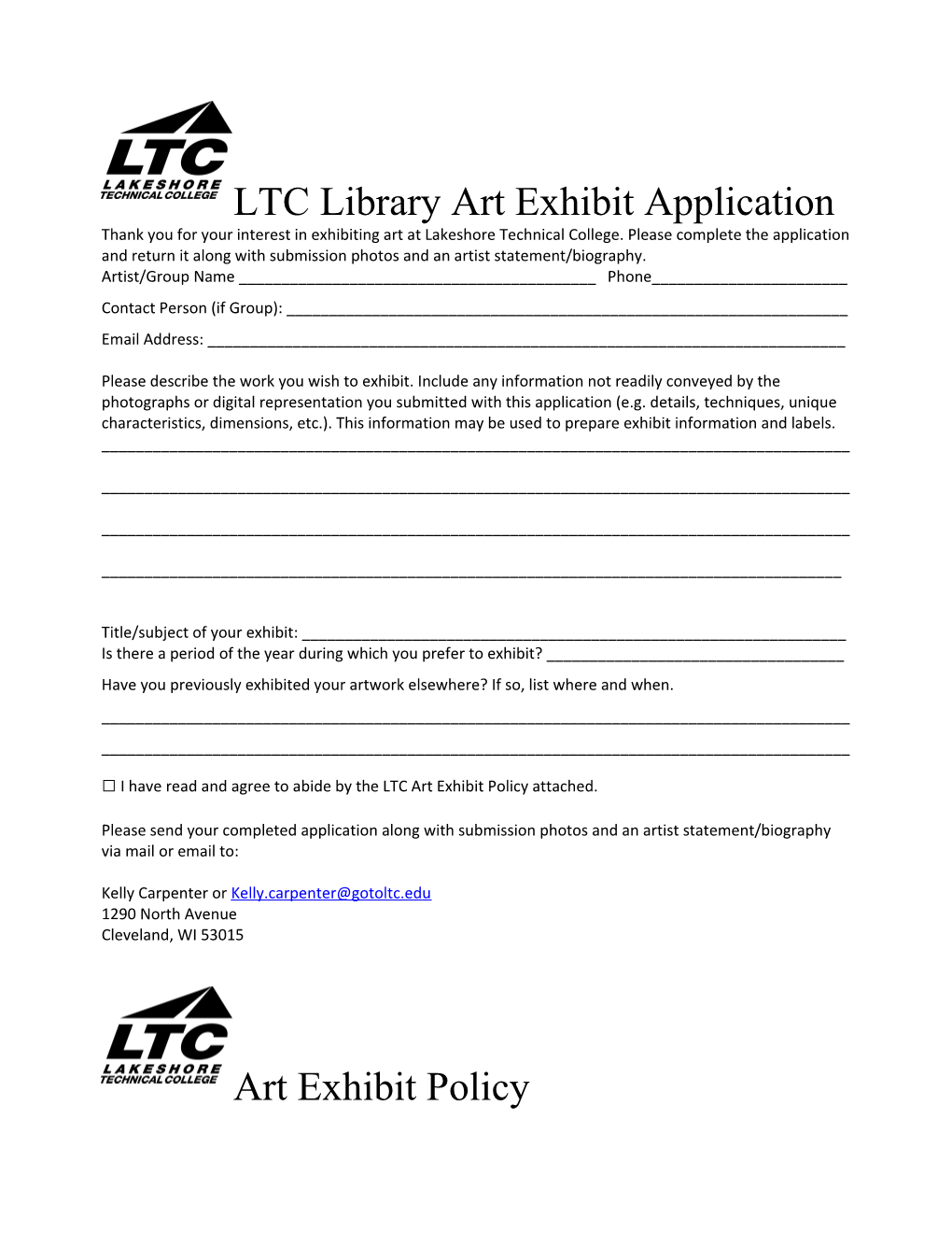 LTC Library Art Exhibit Application