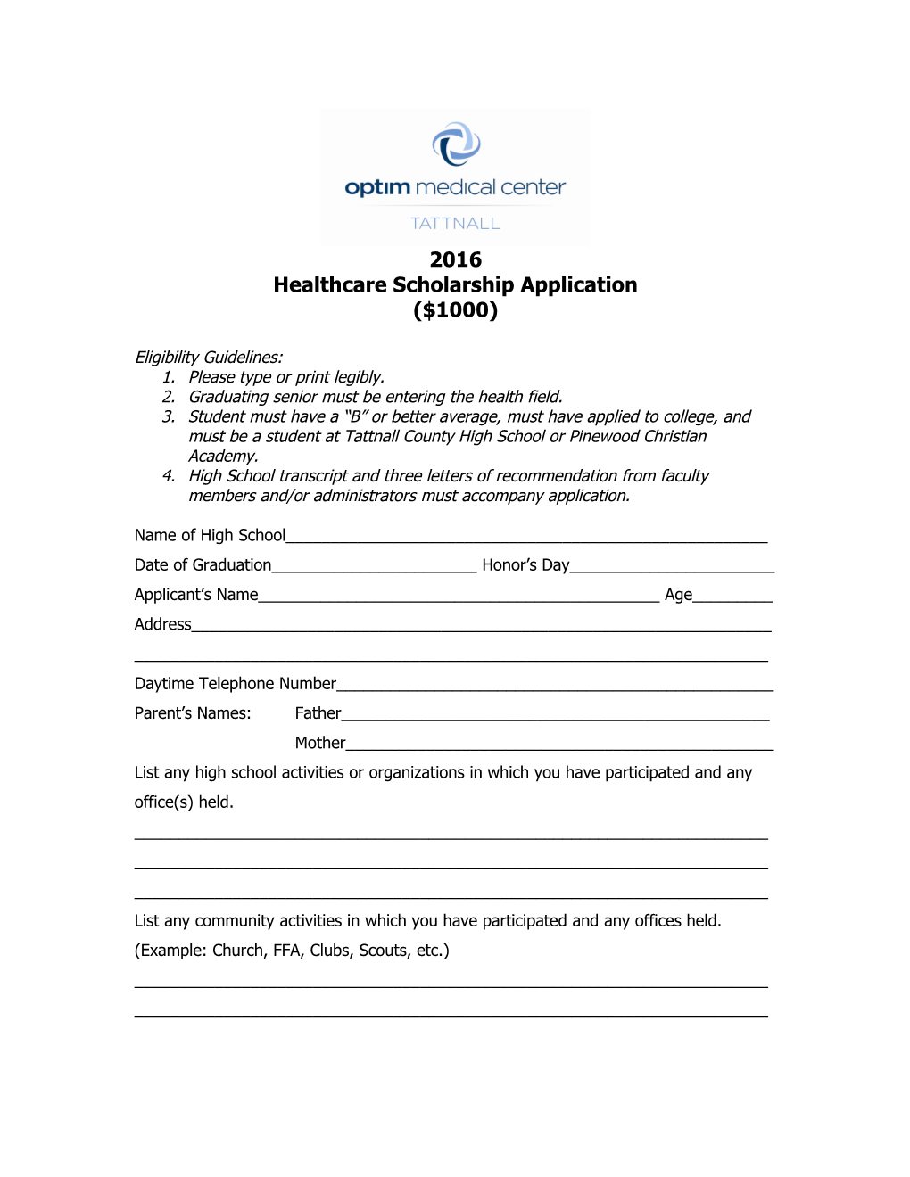 Re:Optim Medical Center Tattnallhospitalscholarship Application