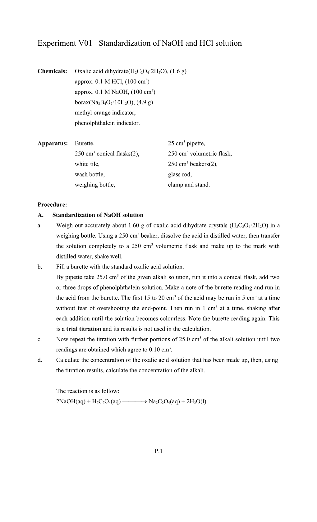 Experiment V01 STANDARDIZATION of Naoh and Hcl SOLUTION