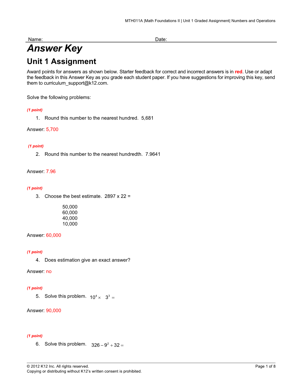 MTH011A Math Foundations II Unit 1 Graded Assignment Numbers and Operations