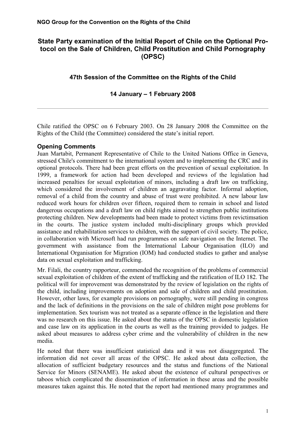 State Party Examination of the Initial Report of Chile on the Optional Protocol on The