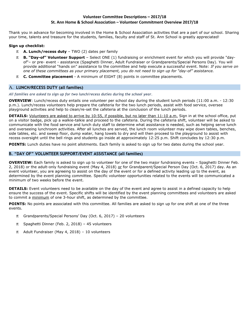 St. Ann Home & School Association Volunteer Commitment Overview 2017/18