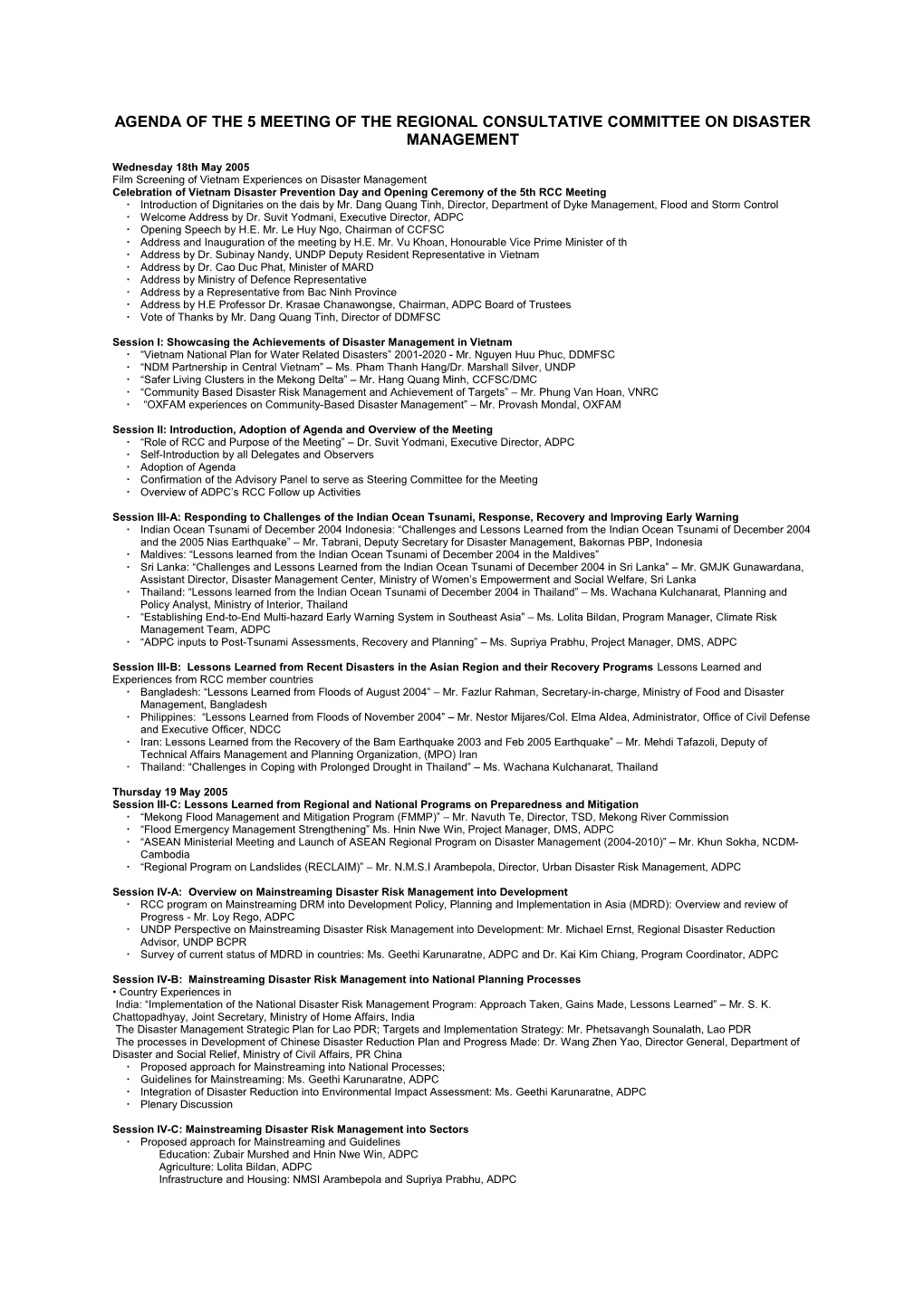 Agenda of the 5 Meeting of the Regional Consultative Committee on Disaster Management