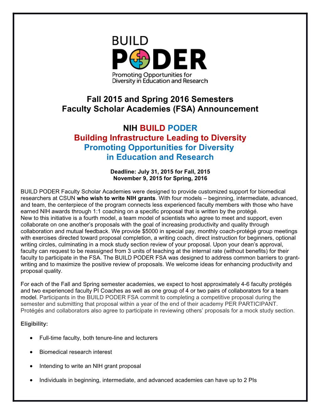 Faculty Scholar Academies (FSA) Announcement