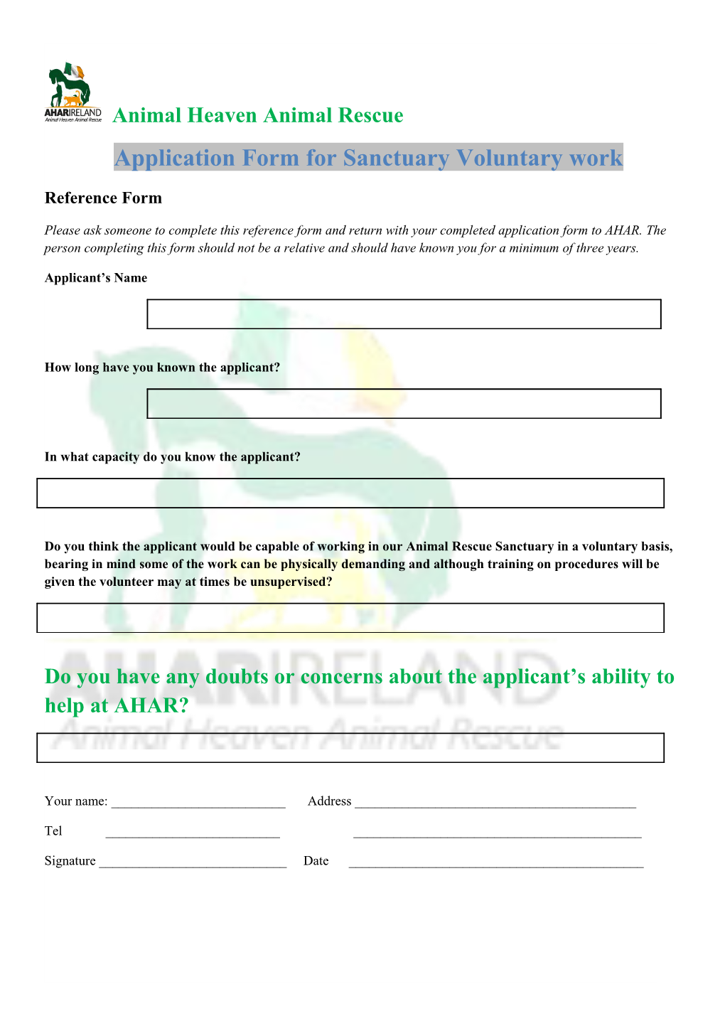 Application Form for Sanctuary Voluntary Work