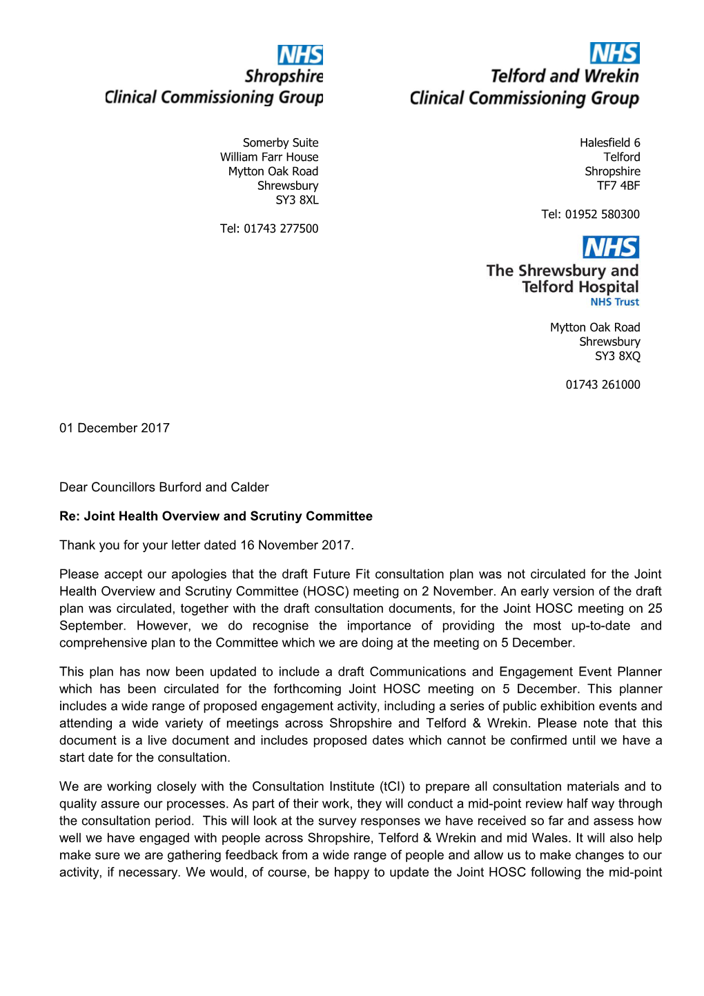 Re: Joint Health Overview and Scrutiny Committee