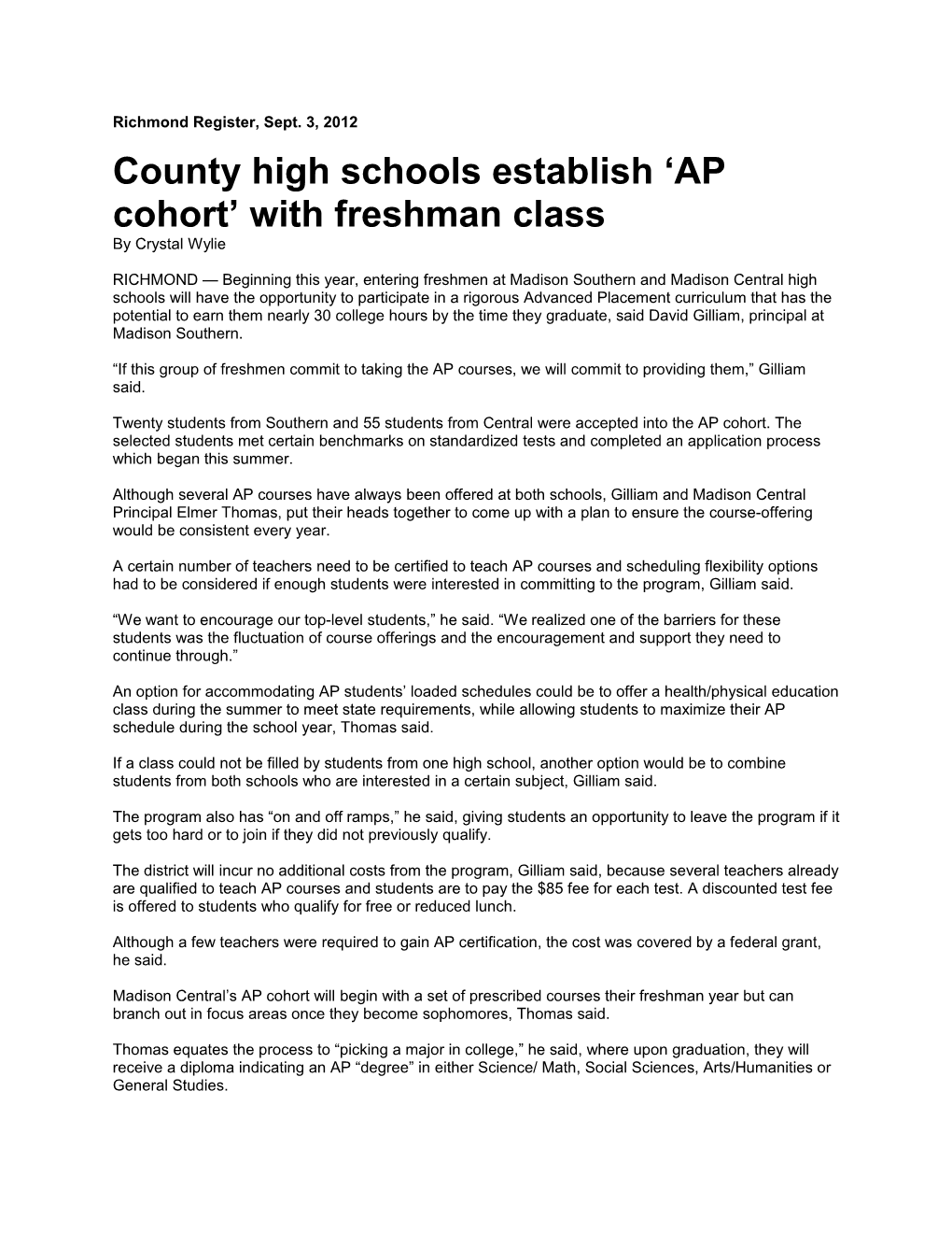 County High Schools Establish AP Cohort with Freshman Class