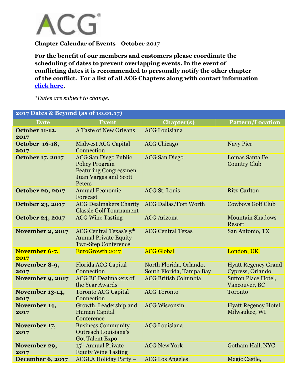 Chapter Calendar of Events October2017