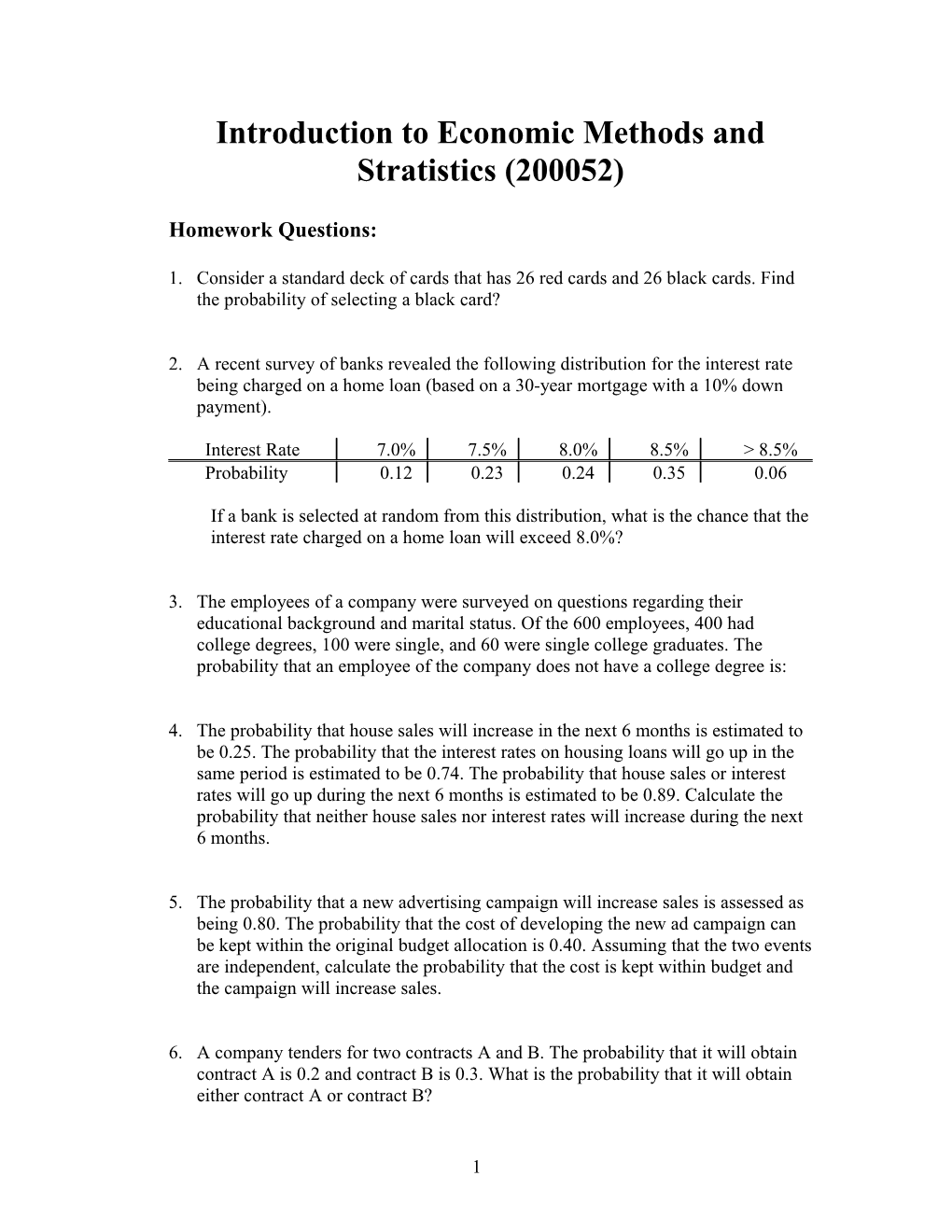 Introduction to Economic Methods and Stratistics (200052)