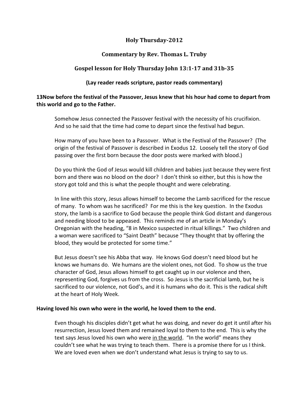 Commentary by Rev. Thomas L. Truby