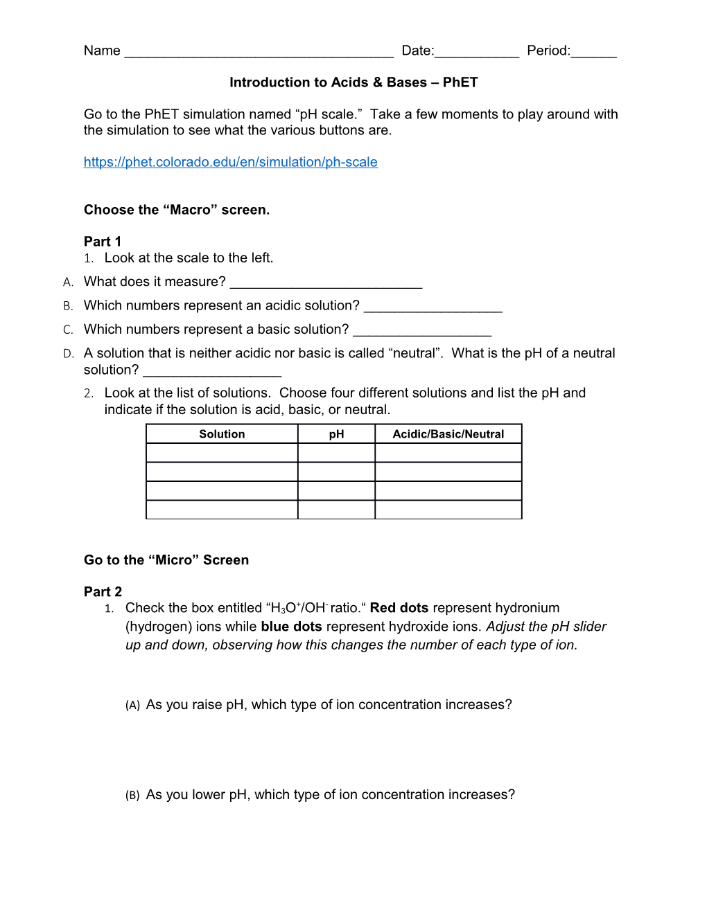 Introduction to Acids & Bases Phet