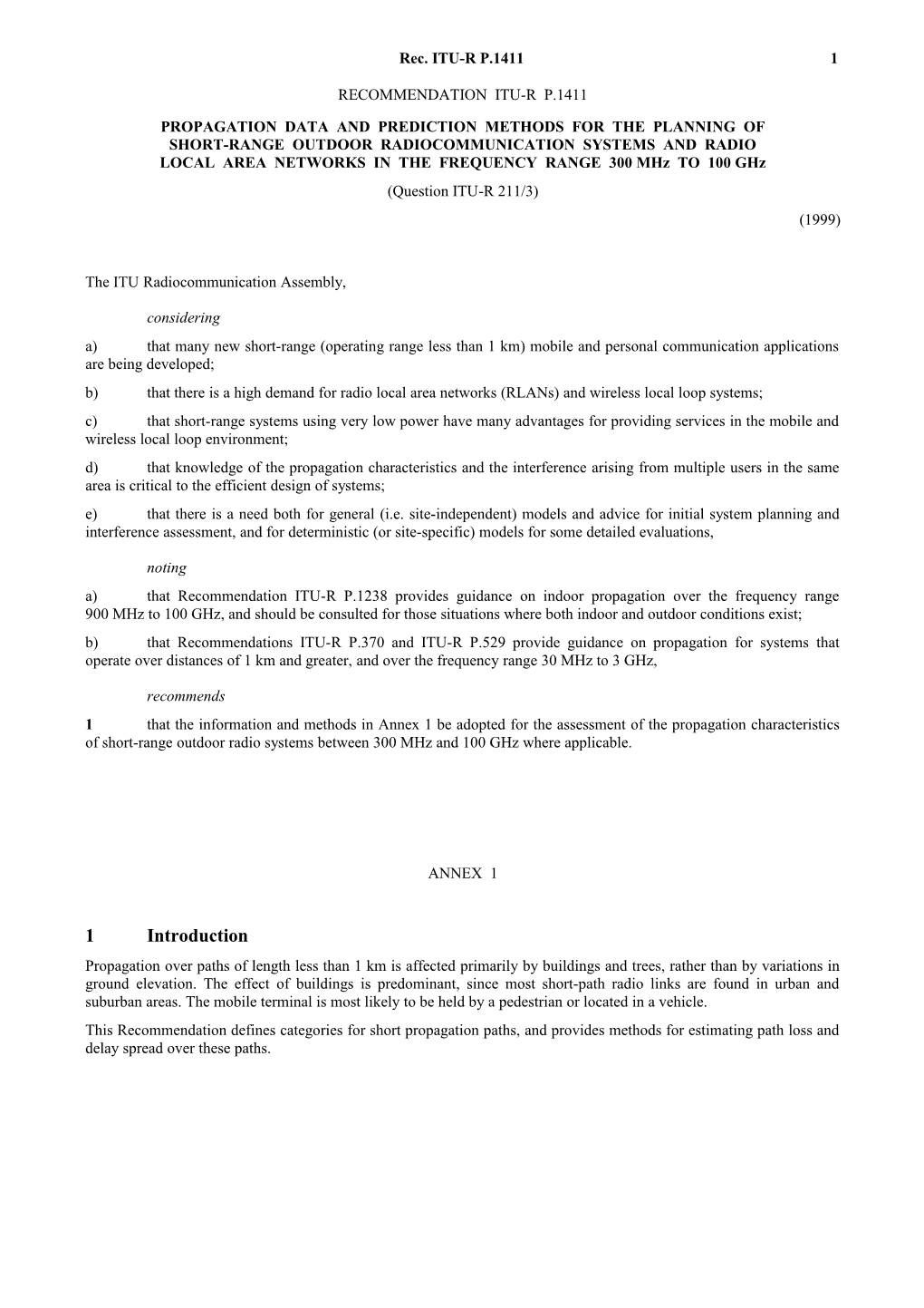 P.1411 - Propagation Data and Prediction Methods for the Planning of Short-Range Outdoor