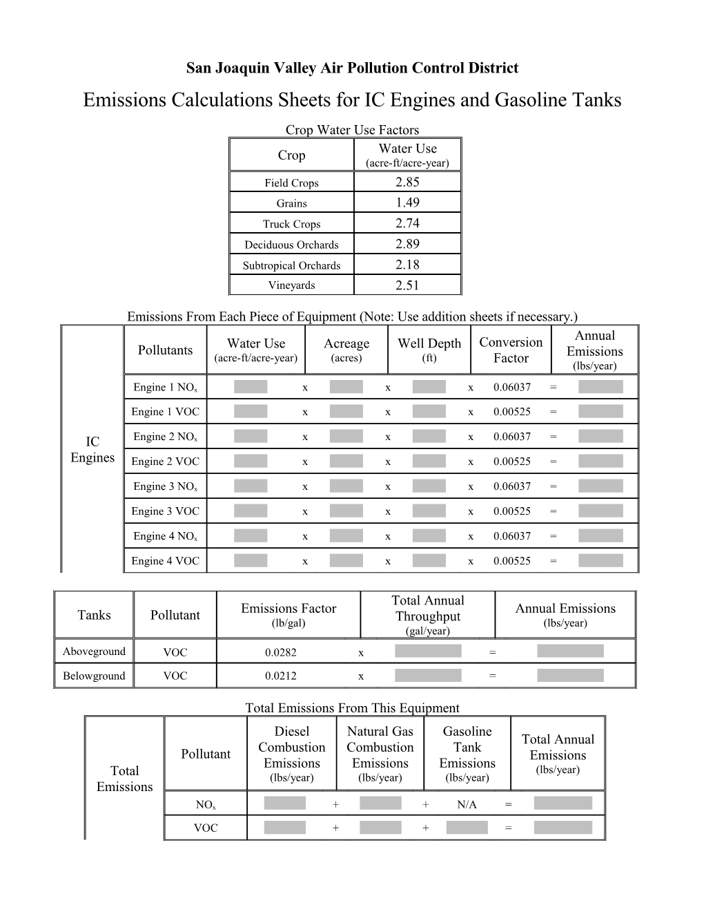 Ag Emissions Calculator Form for Fams and Cafos