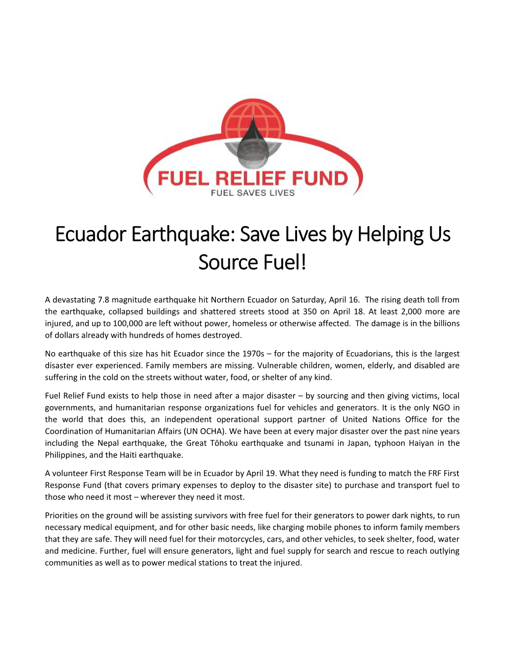Ecuador Earthquake: Save Lives by Helping Us Source Fuel!