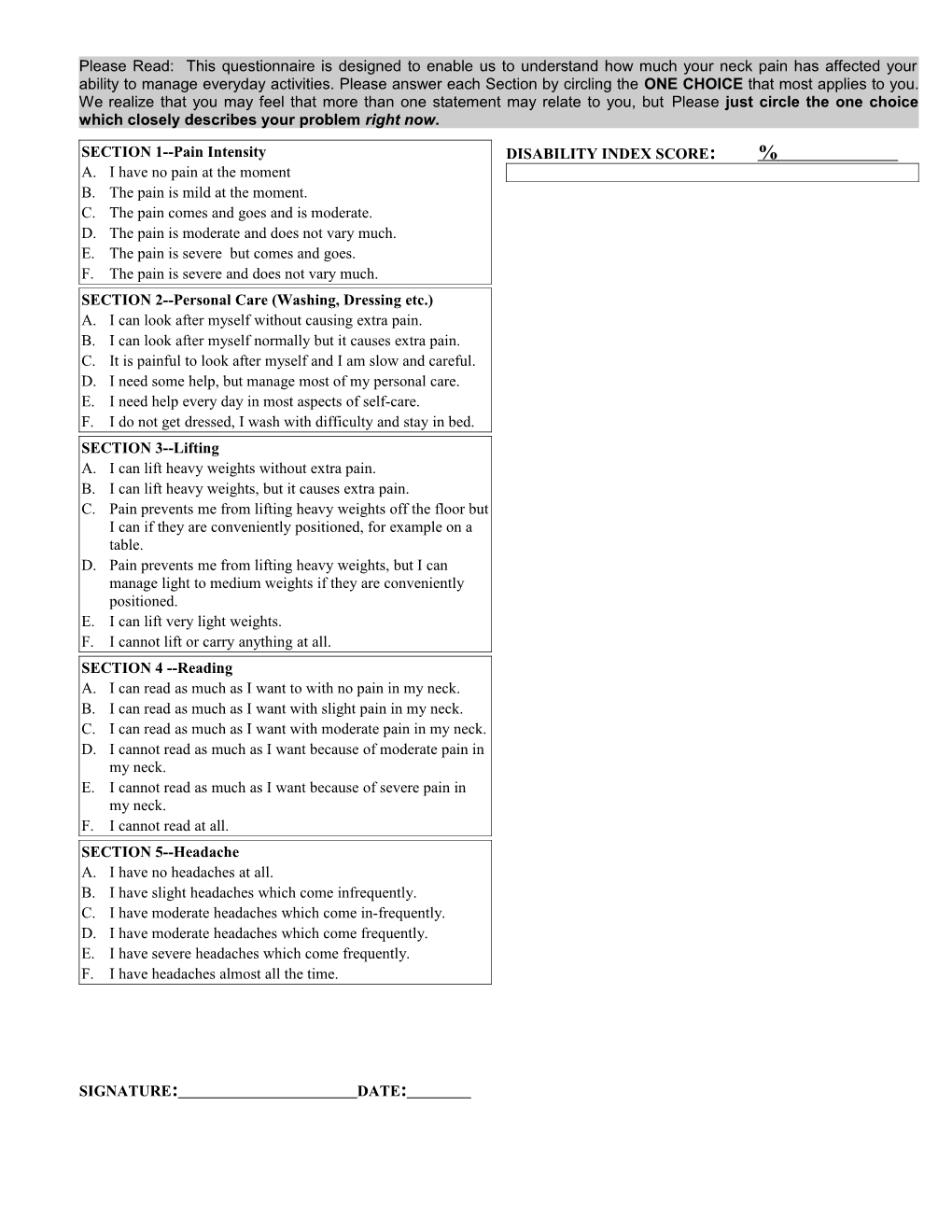 LBP Index Questionnaire