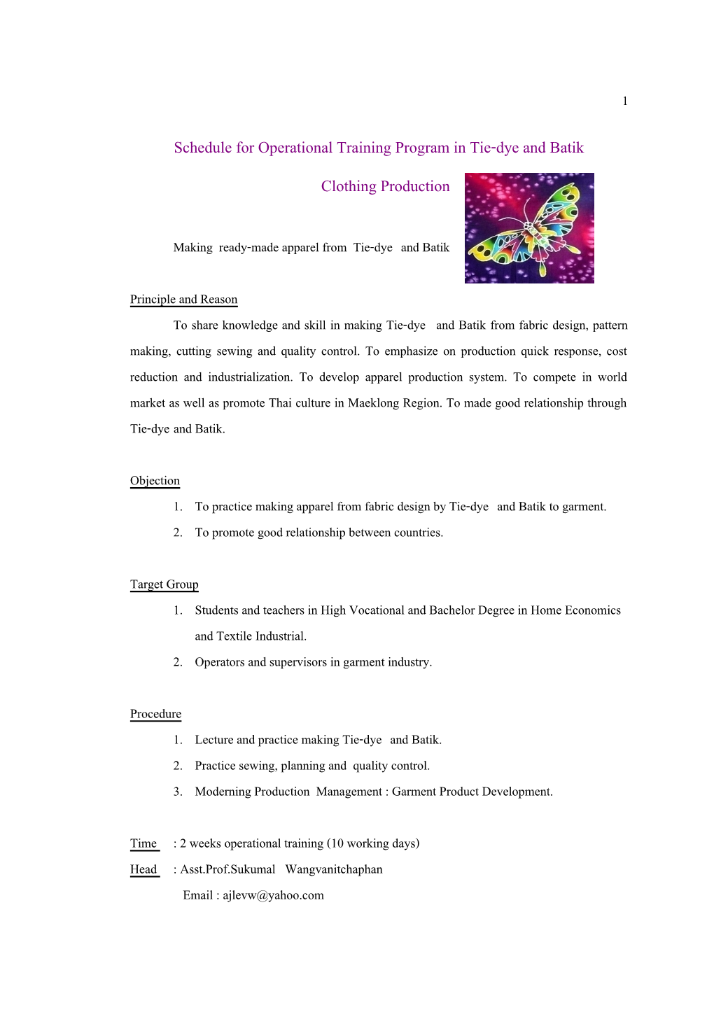 Schedule for Operational Training Program in Tie-Dye and Batik
