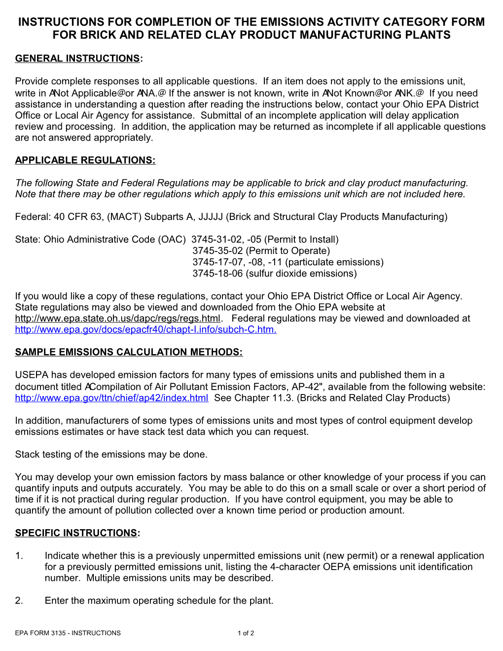 Instructions for Completion of the Emissions Activity Category Form for Brick and Related