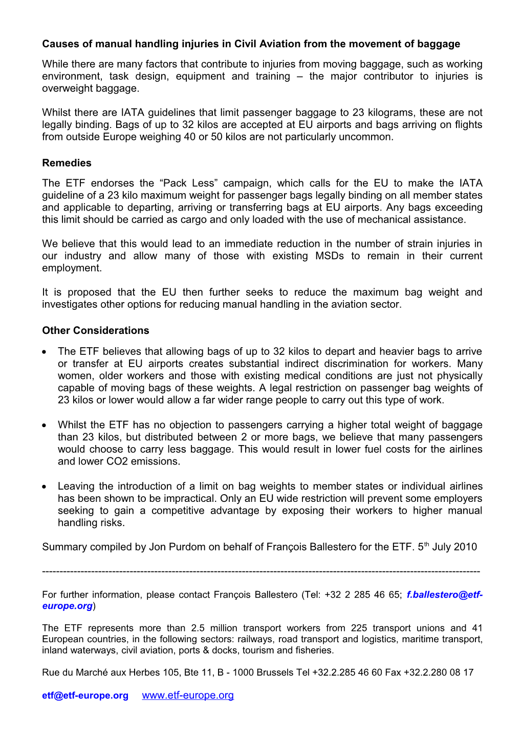 ETF Position Statement on Manual Handling Injuries in Civil Aviation