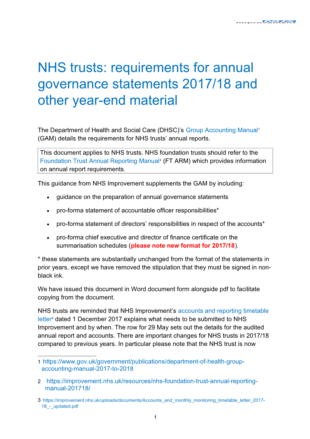 NHS Trusts: Requirements for Annual Governance Statements 2017/18 and Other Year-End Material