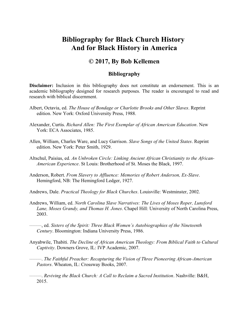 Bibliography for Black Church History