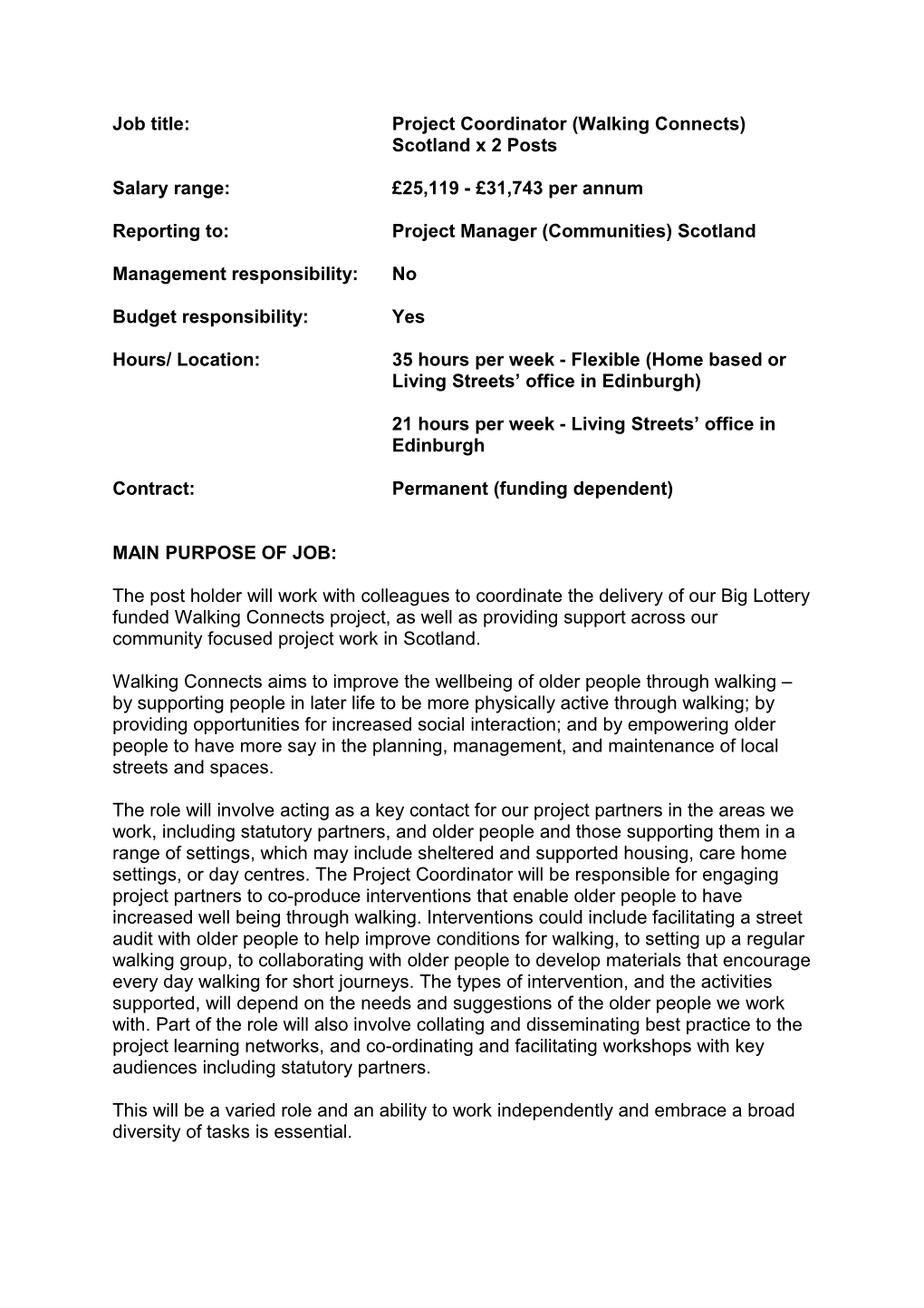 Job Title:Project Coordinator(Walking Connects)Scotland X 2 Posts