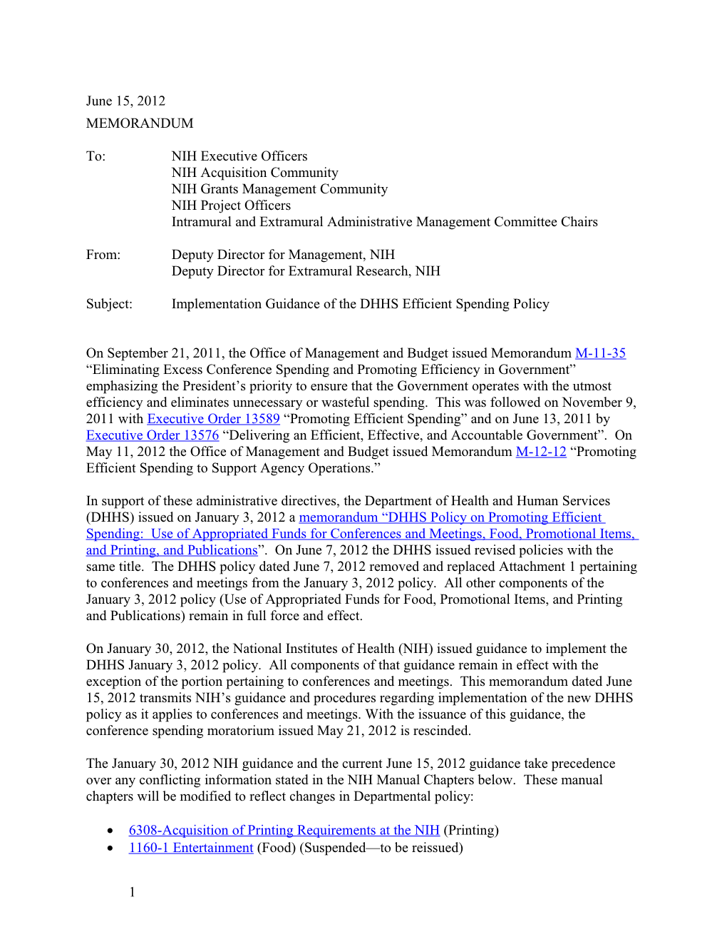 NIH Implemtation Guidance of the DHHS Efficient Spending Policy 6/15/12