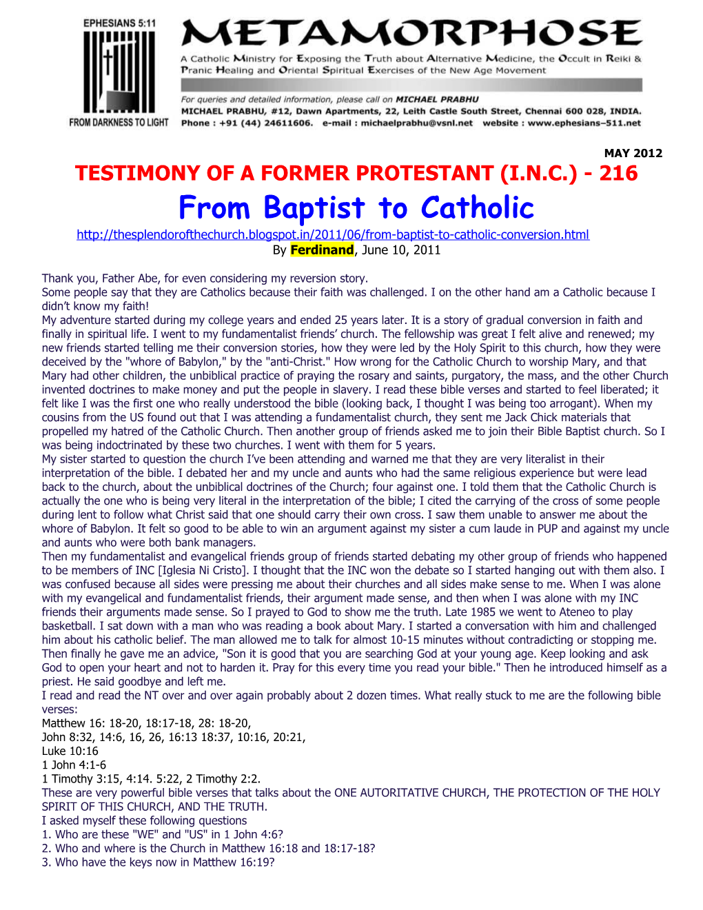 Testimony of a Former Protestant (I.N.C.) - 216