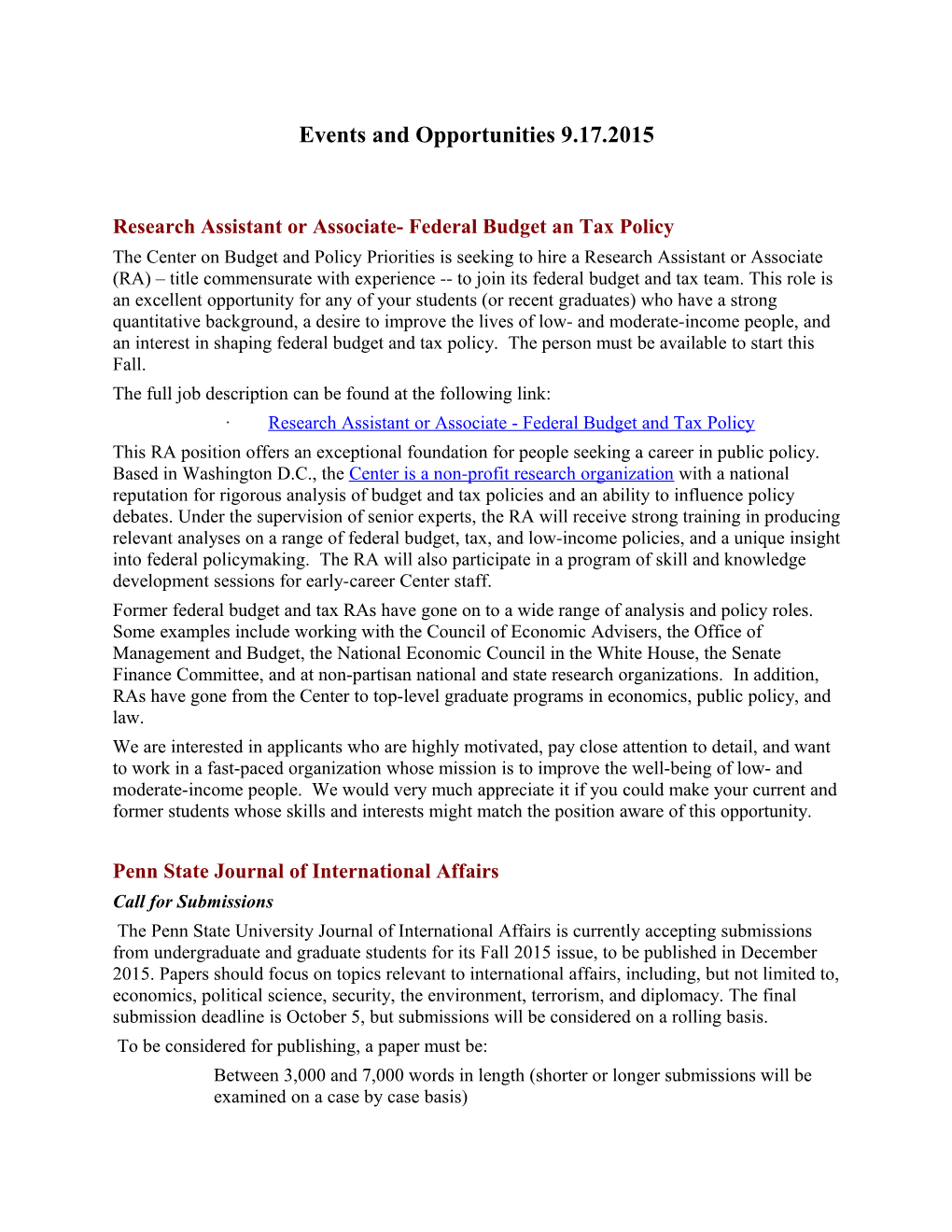 Research Assistant Or Associate- Federal Budget an Tax Policy