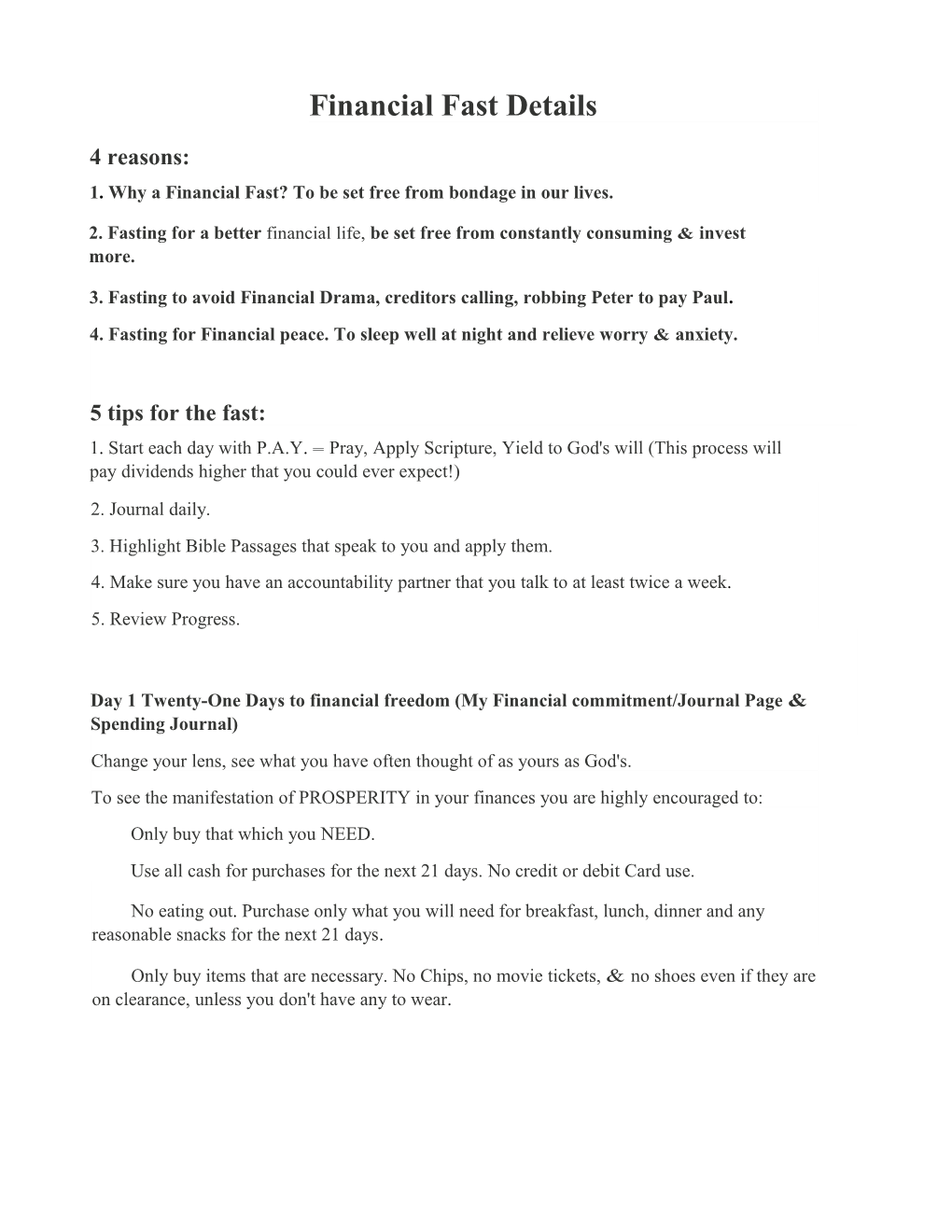 1. Why a Financial Fast? to Be Set Free from Bondage in Our Lives