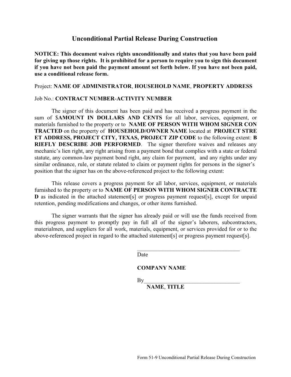 Form 51-9 Unconditional Partial Release During Construction