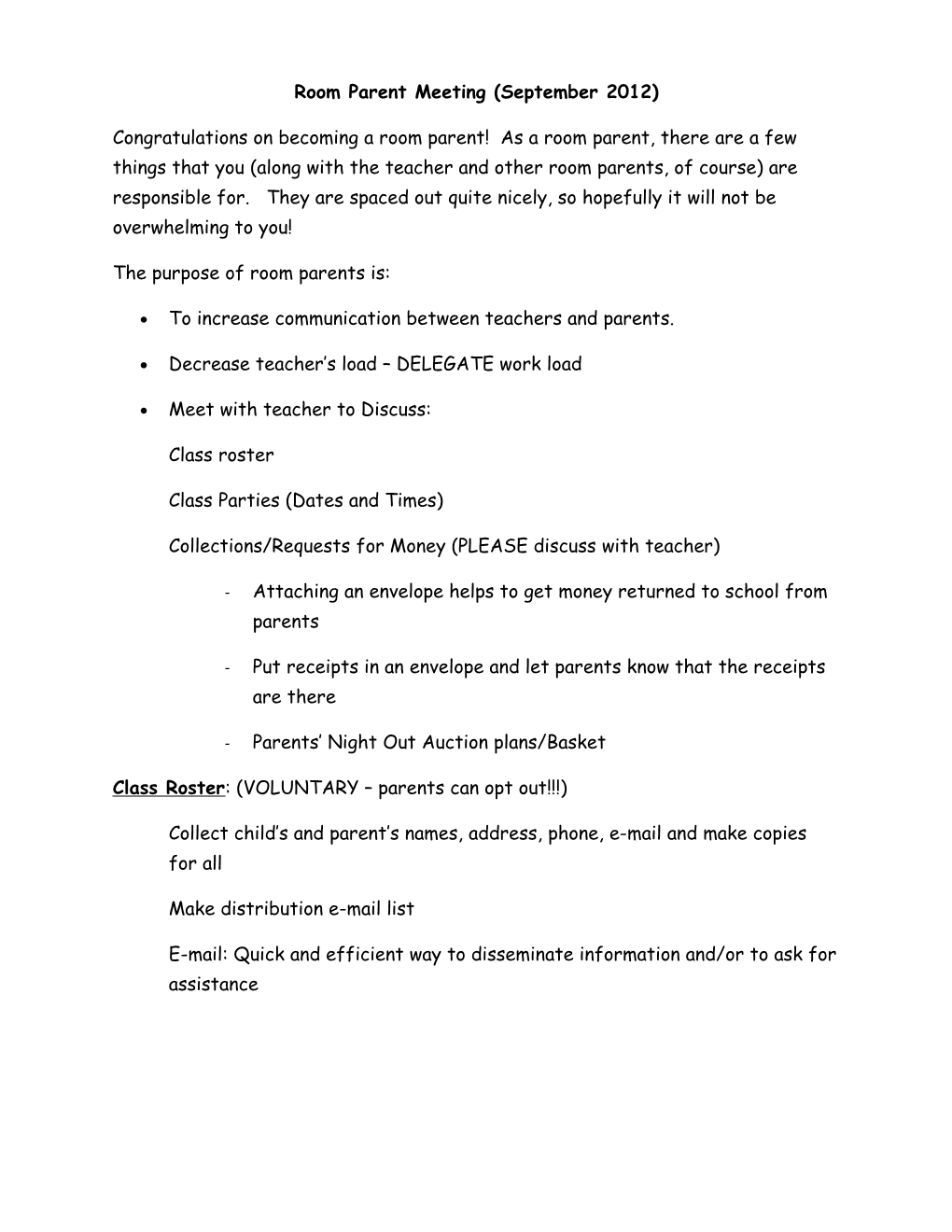 Room Parent Meeting (August 2012)