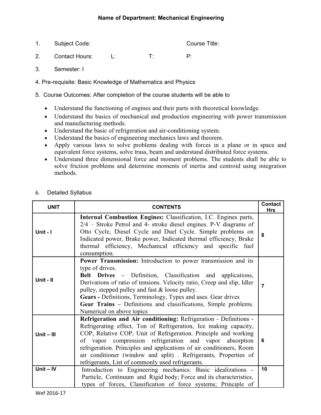 Name of Department: Mechanical Engineering