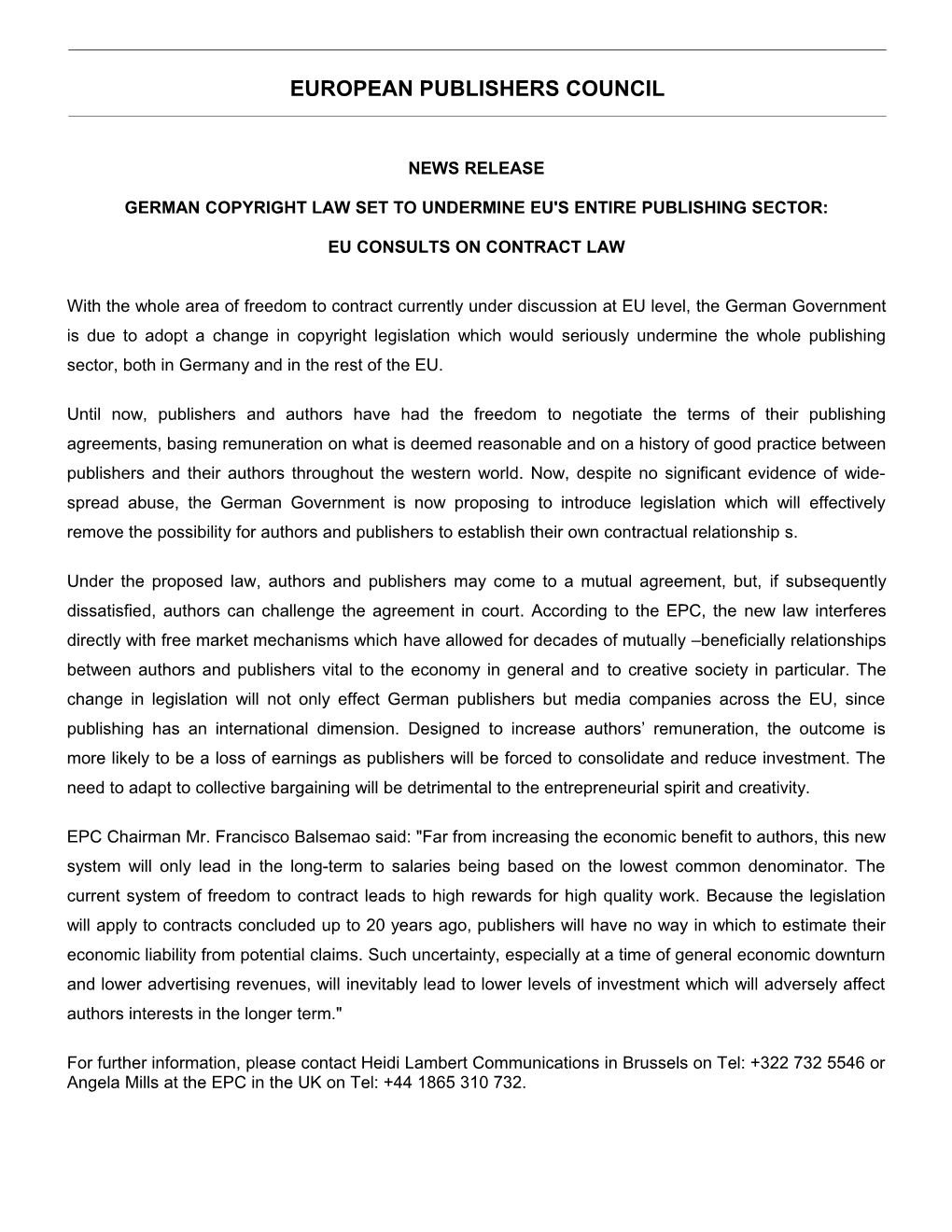 Draft News Release German Copyright Law Set to Undermine Eu's Entire Publishing Sector