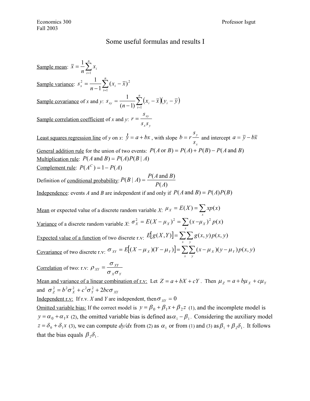 Some Useful Formulas and Results I