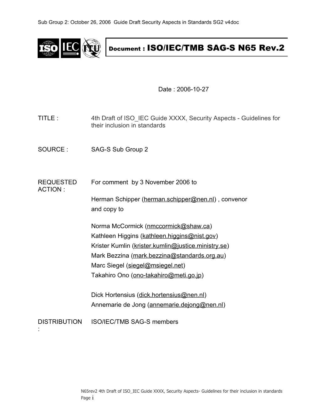 Sub Group 2: October 26, 2006 Guide Draft Security Aspects in Standards SG2 V4doc