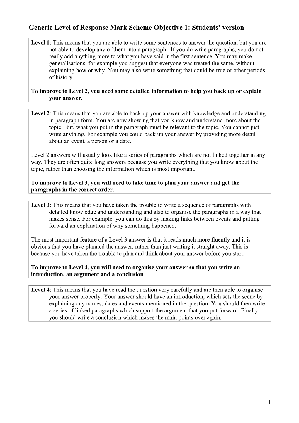 Generic Level of Response Mark Scheme Paper 1: Students Version