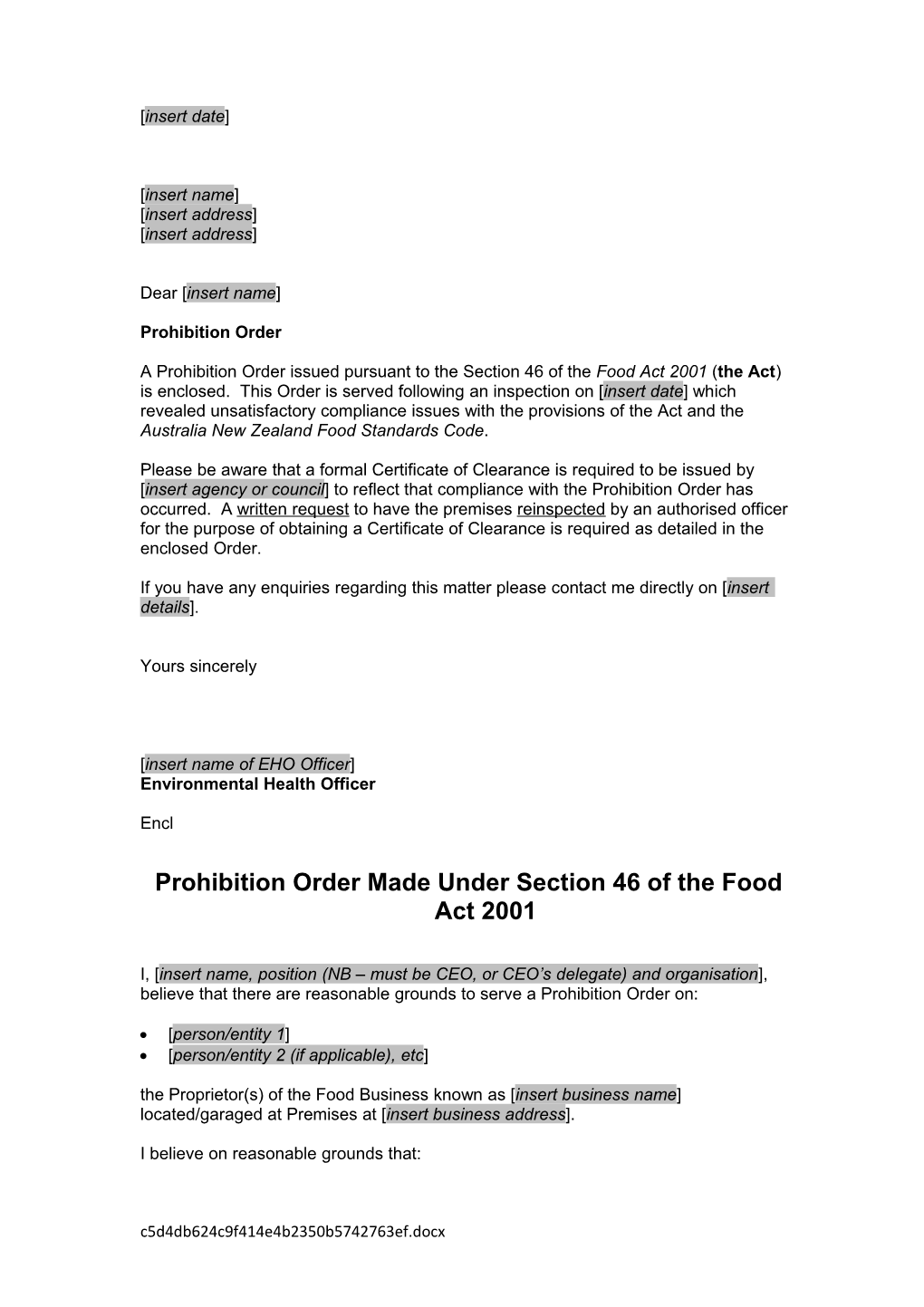 Prohibition Order and Letter