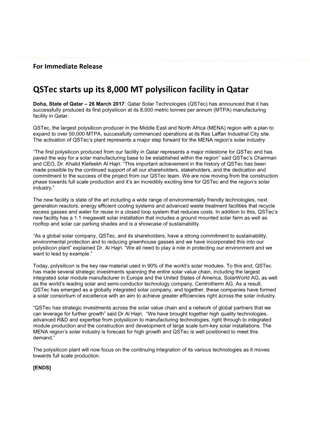 Qstec Starts up Its 8,000 MT Polysilicon Facility in Qatar