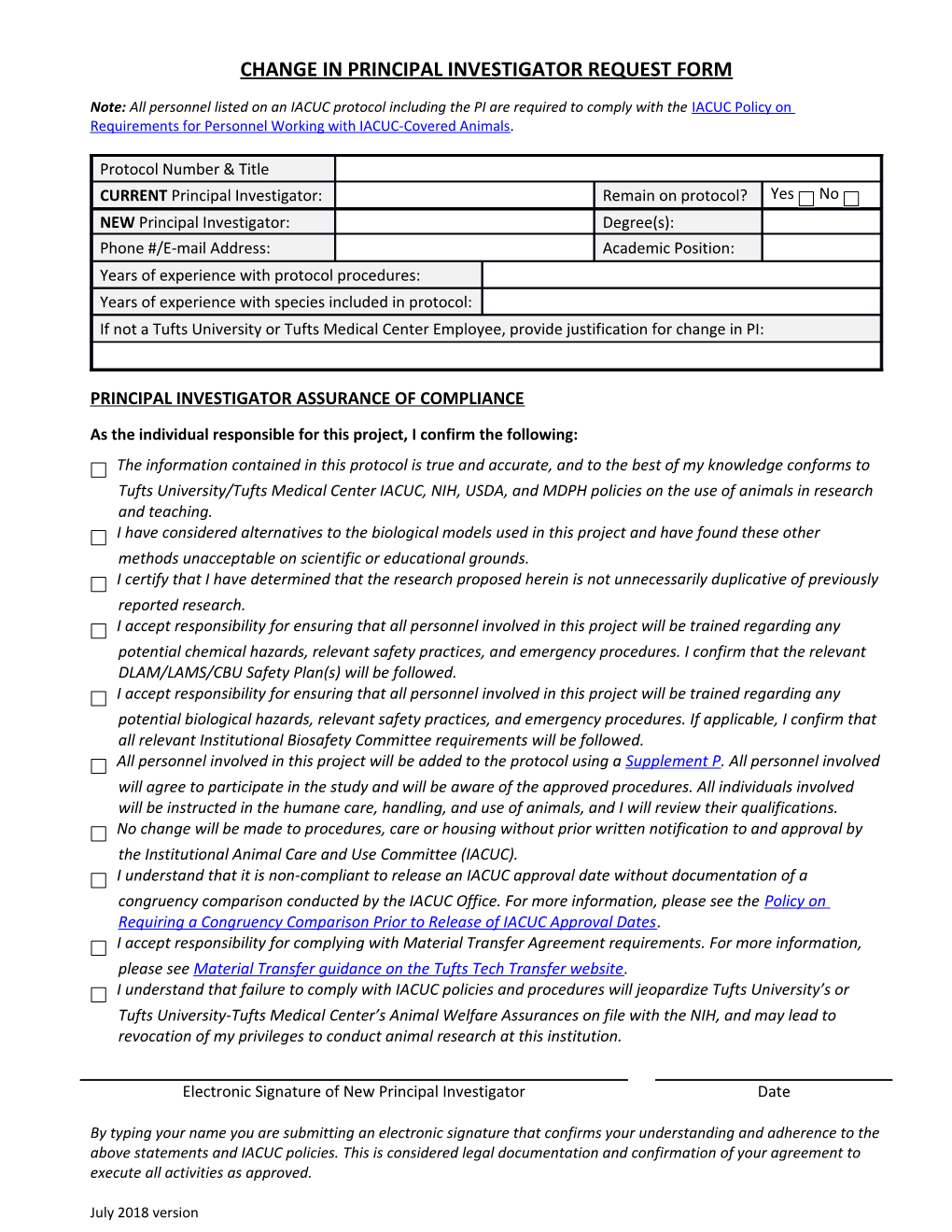 Change in Principal Investigator Request Form