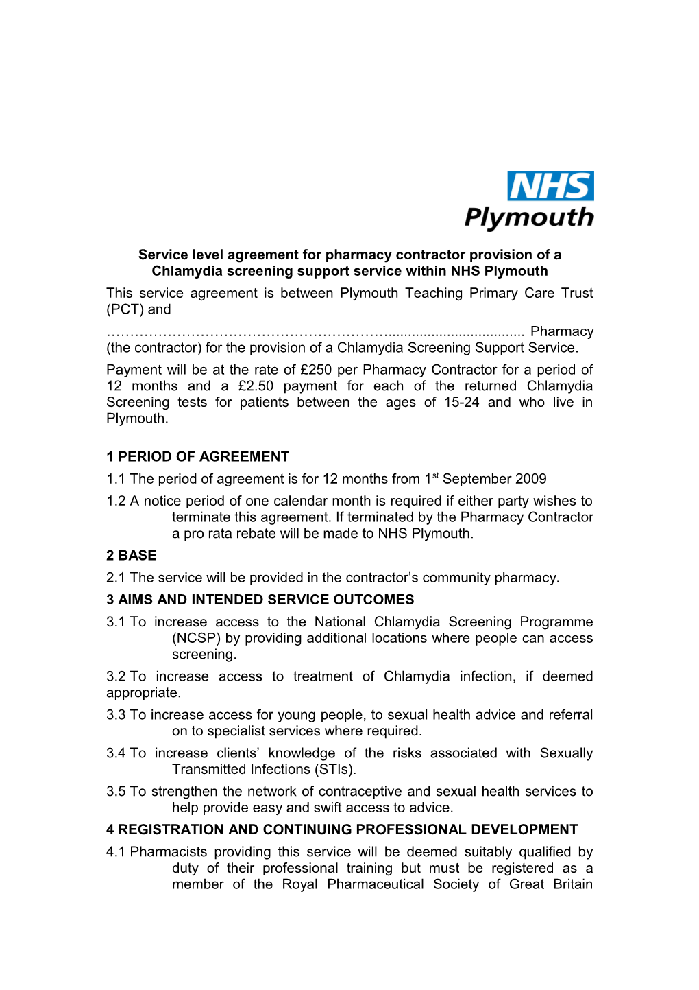 Service Level Agreement for Pharmacy Contractor Provision of a Chlamydia Screening Support