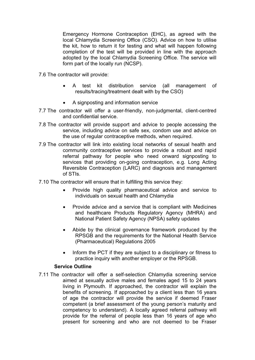Service Level Agreement for Pharmacy Contractor Provision of a Chlamydia Screening Support