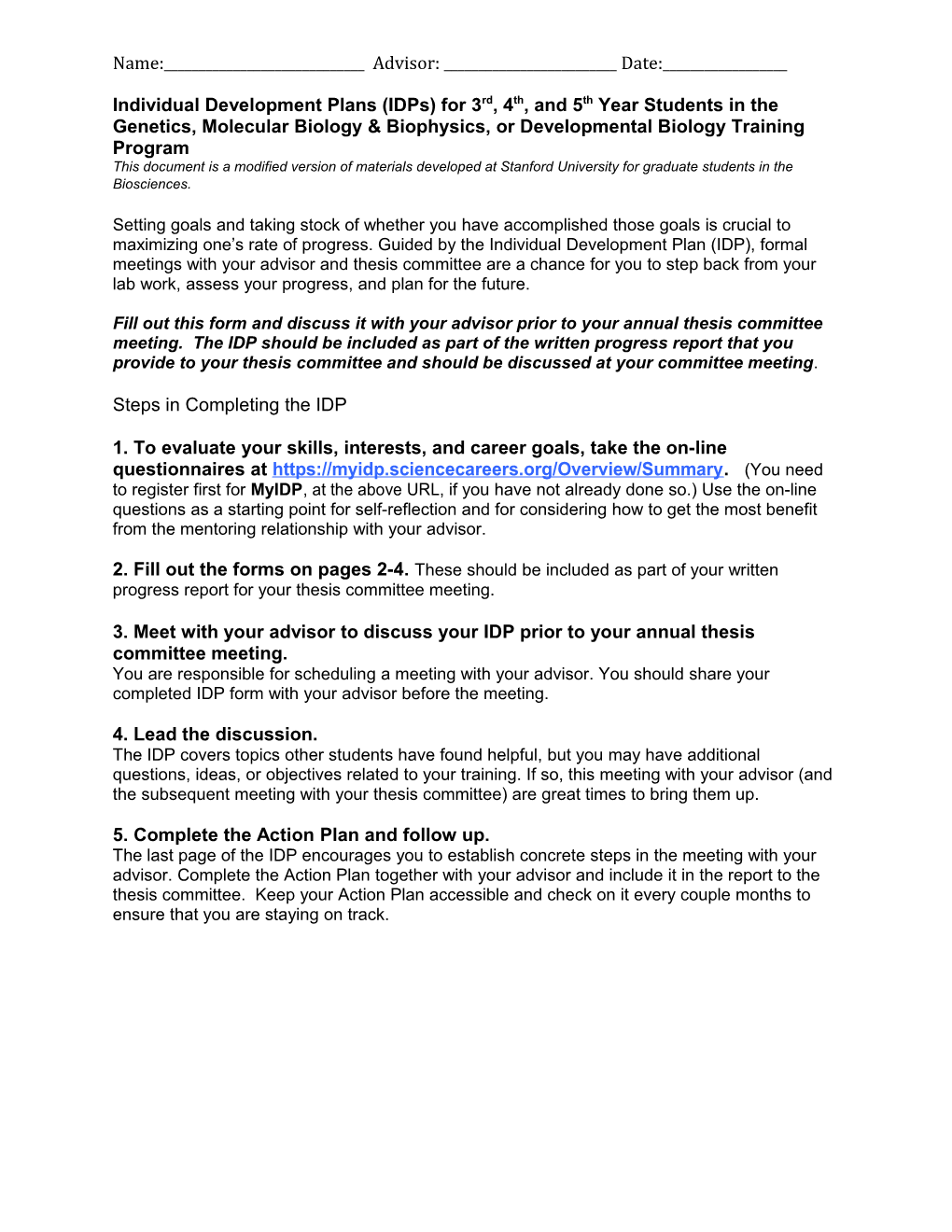 Individual Development Plans (Idps) for 3Rd, 4Th, and 5Th Year Students in the Genetics