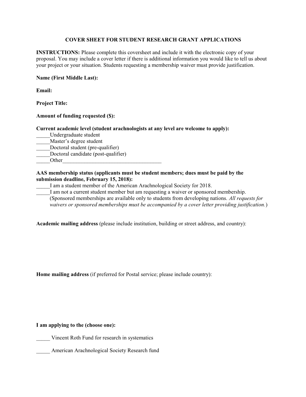 Cover Sheet for Student Research Grant Applications