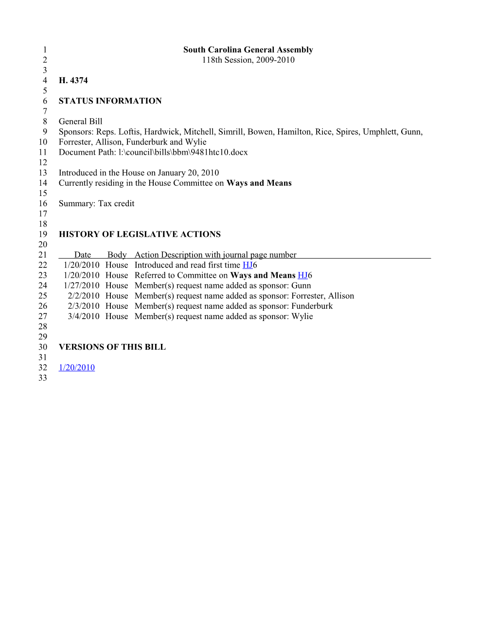 2009-2010 Bill 4374: Tax Credit - South Carolina Legislature Online