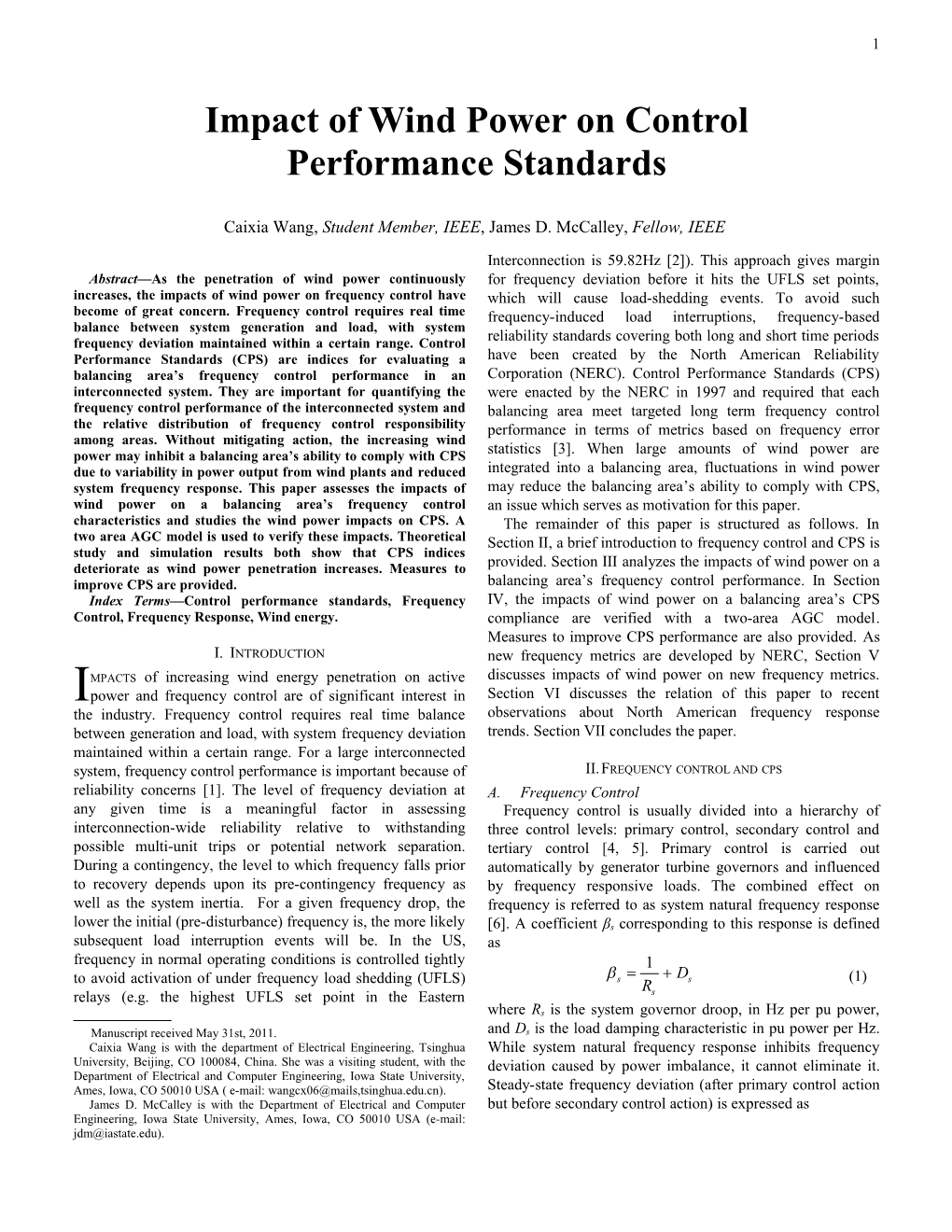 Impact of Wind Power on Control Performance Standards