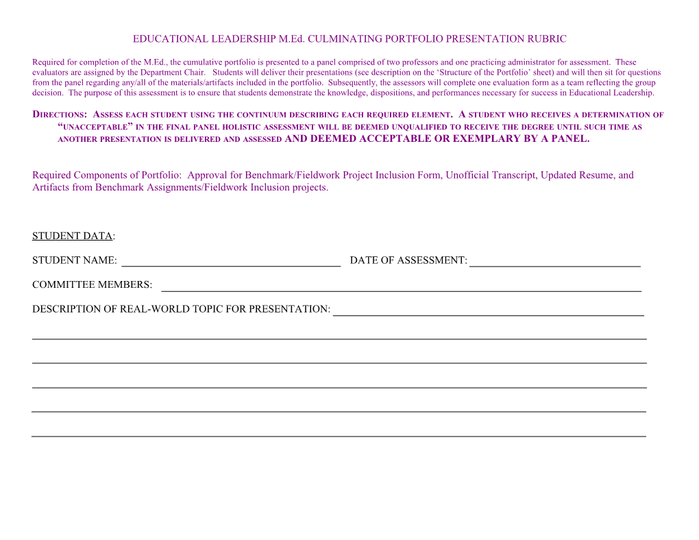 EDUCATIONAL LEADERSHIP M.Ed. CULMINATING PORTFOLIOPRESENTATIONRUBRIC