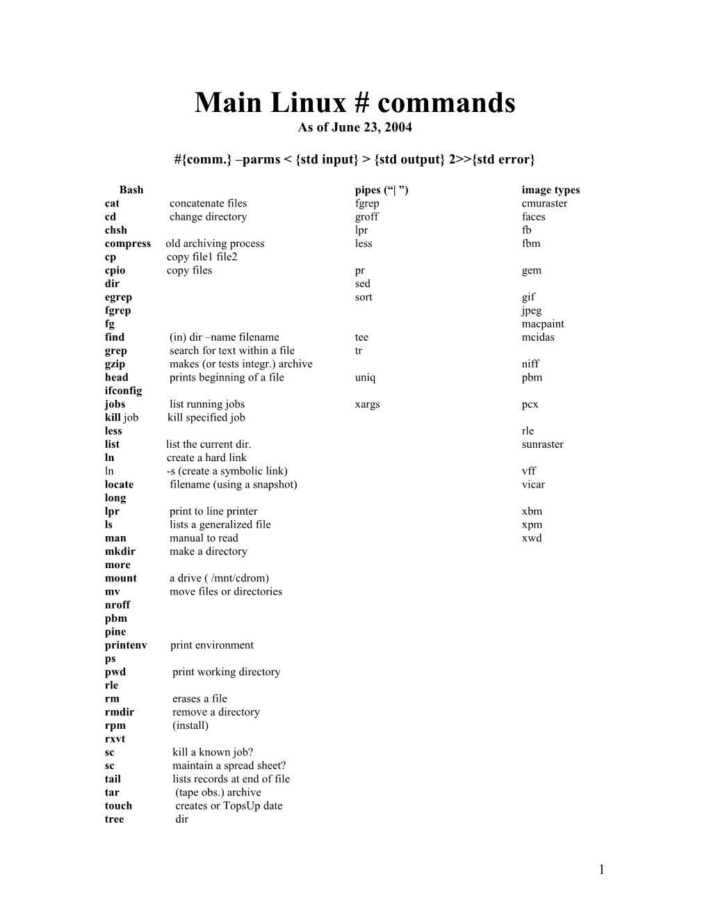 Comm. Parms &lt; Std Input &gt; Std Output 2&gt; Std Error