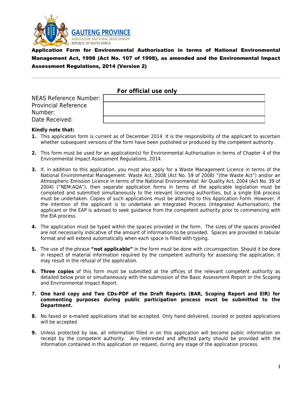 Application Form for Environmental Authorisation - 8 December 2014