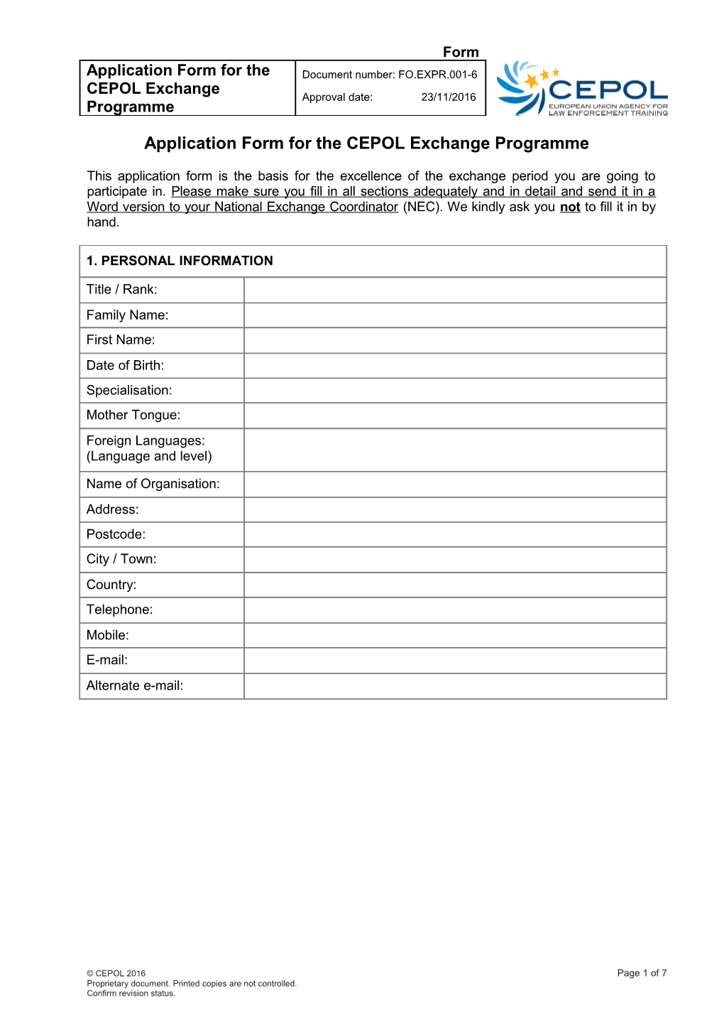 Application Form for the CEPOL Exchange Programme