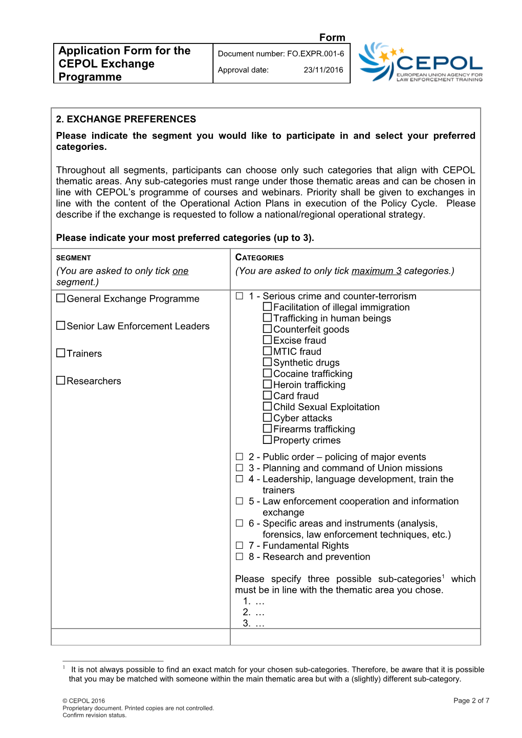 Application Form for the CEPOL Exchange Programme